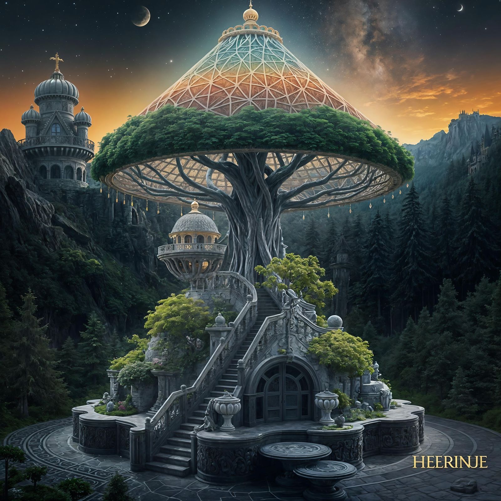 Enchanted Treehouse City in a Twilight Forest