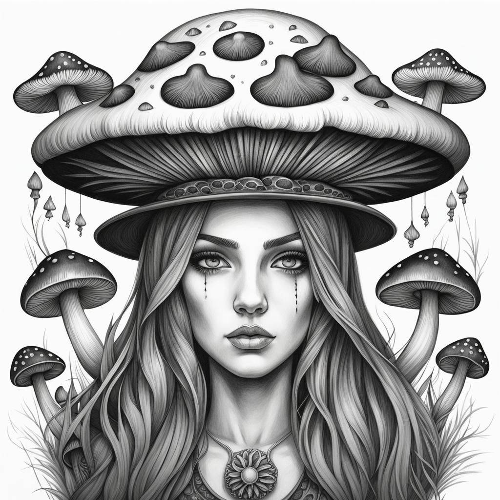 Mushroom Woman Portrait in Pencil Drawing Style