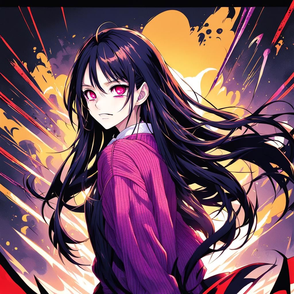 Anime Style Woman with Red Eyes and Purple Skin