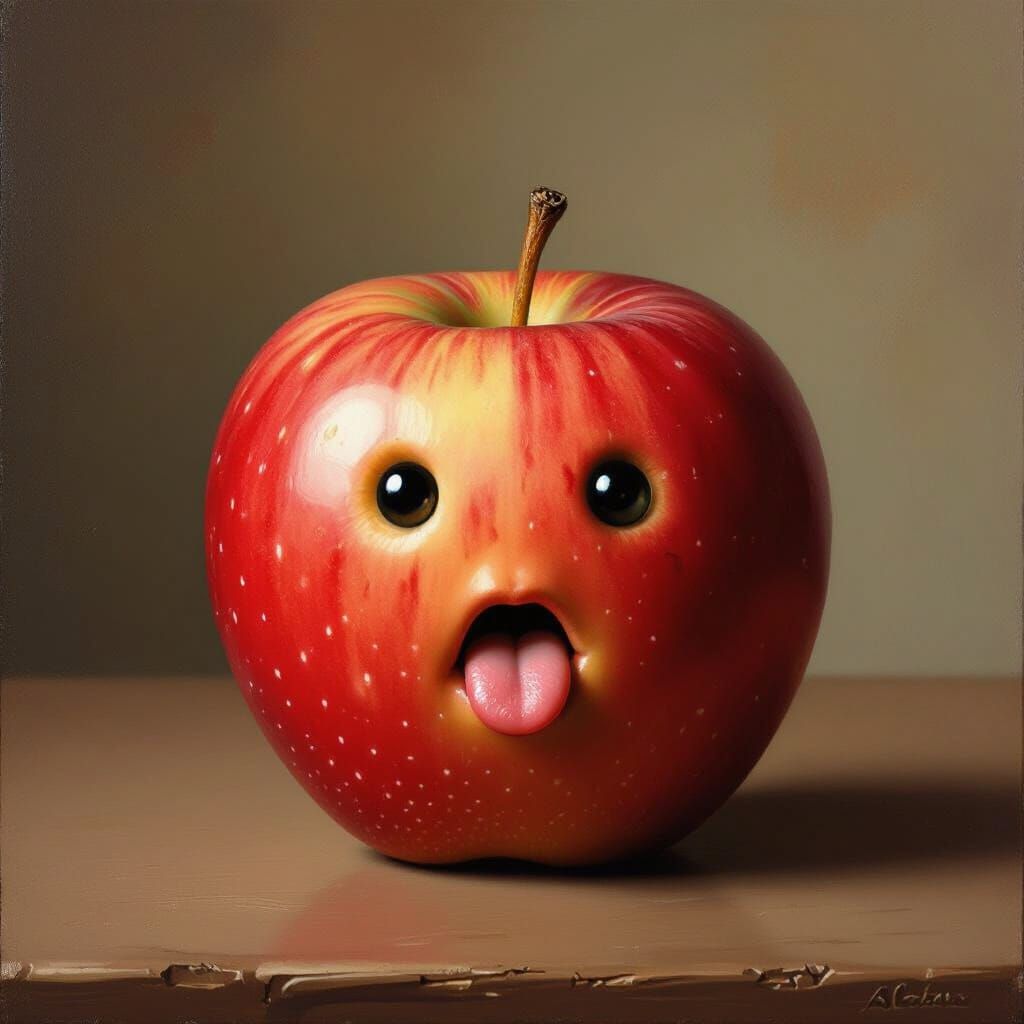 Anthropomorphic Apple on a Brown Table