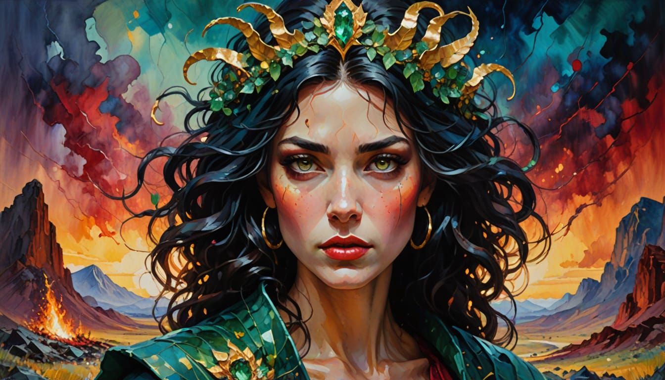 Gorgon with Emerald Eyes and Golden Hair in Abstract Landsca...
