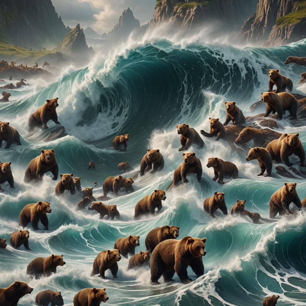 Bears Ride a Gigantic Wave: Detailed Digital Painting