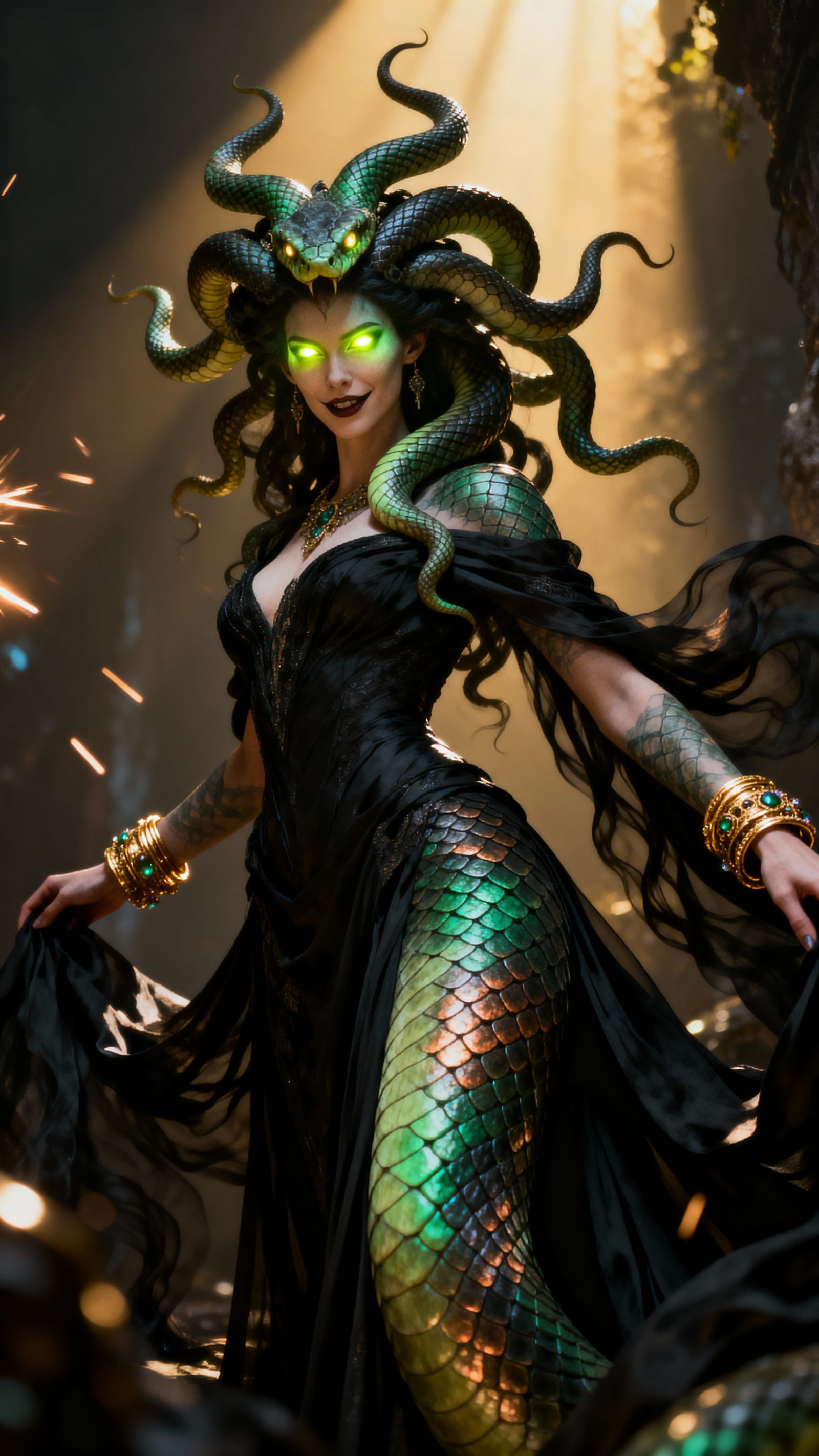 Serpent Crowned Woman Emerges From Shadows