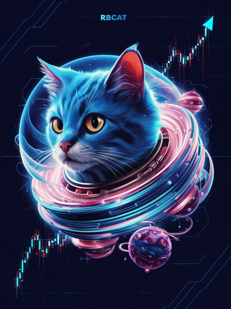 Futuristic RBCAT Logo: Blue Space Cat in Galaxy