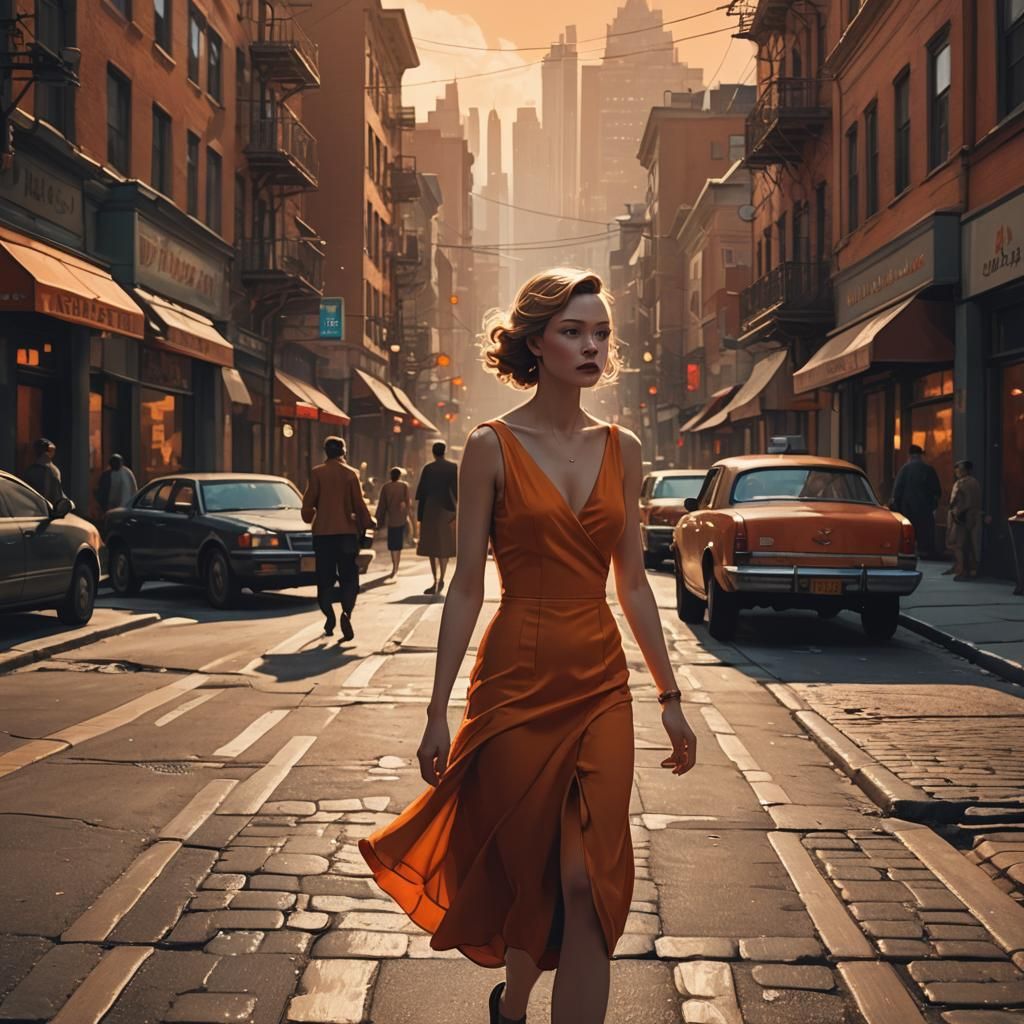 Woman in Orange Dress Walks City Street in Aurorapunk Style