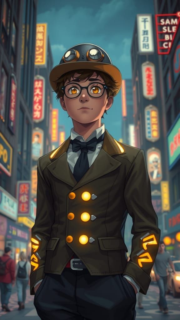Cyberpunk Chaplin in Neon City, Anime Style
