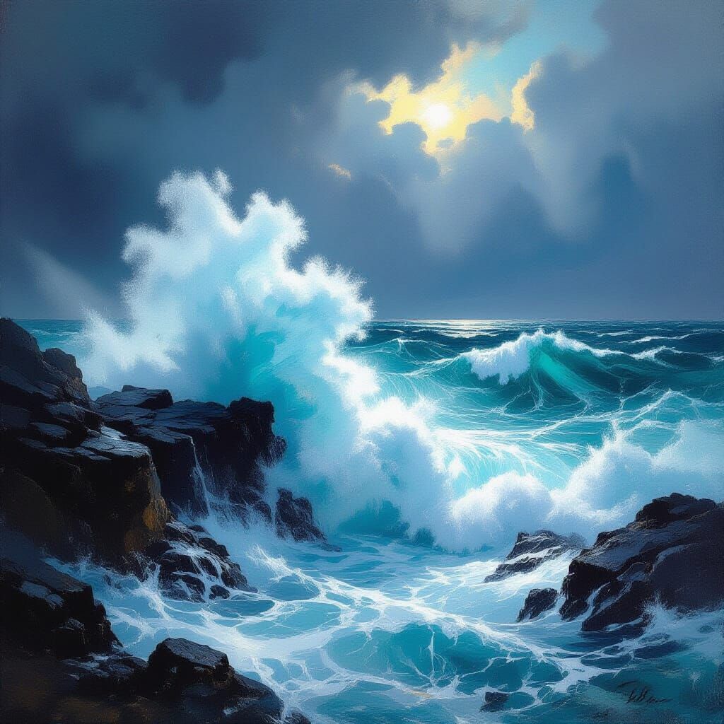 Tempestuous Sea Crashing on Rocks in Impasto Style