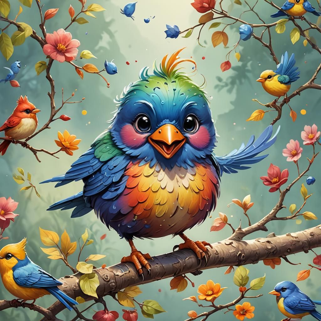 Joyful Cartoon Bird in Watercolor Style