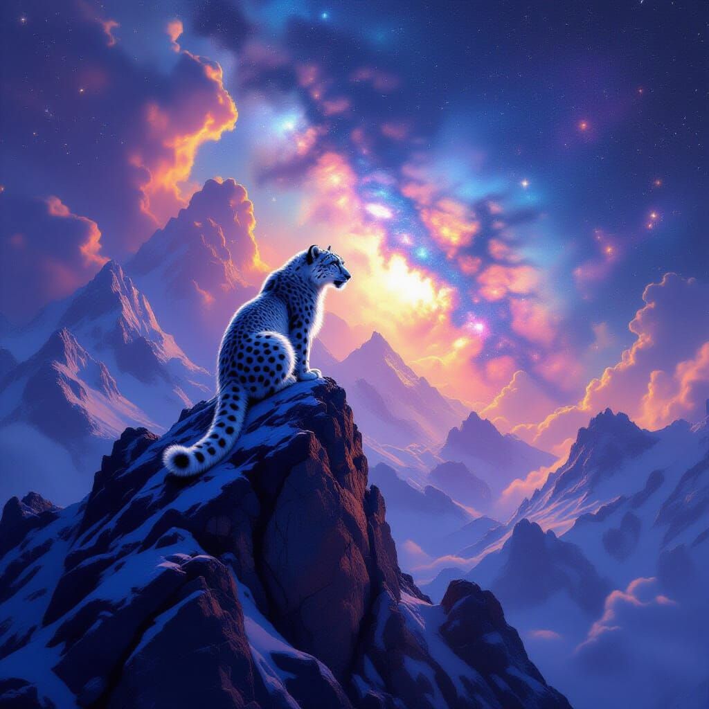 Snow Leopard on Mountain Peak Gazing at Nebula