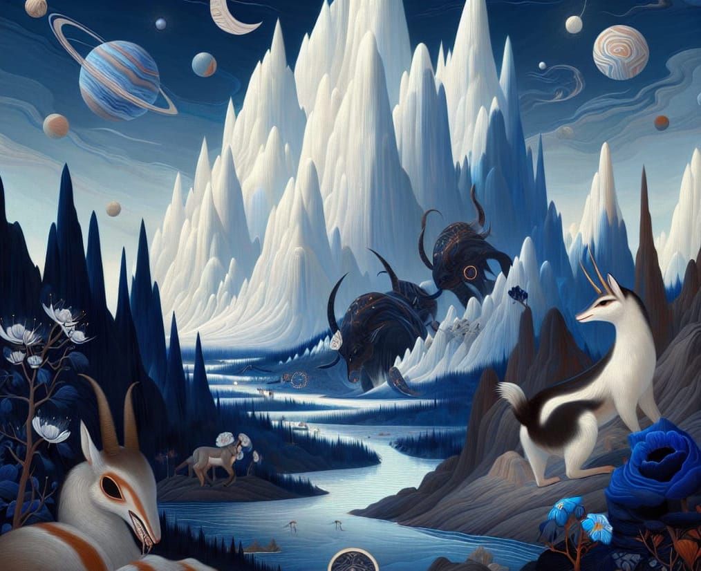 Surreal Cloisonné Portrait Over Dark Tsingy Landscape