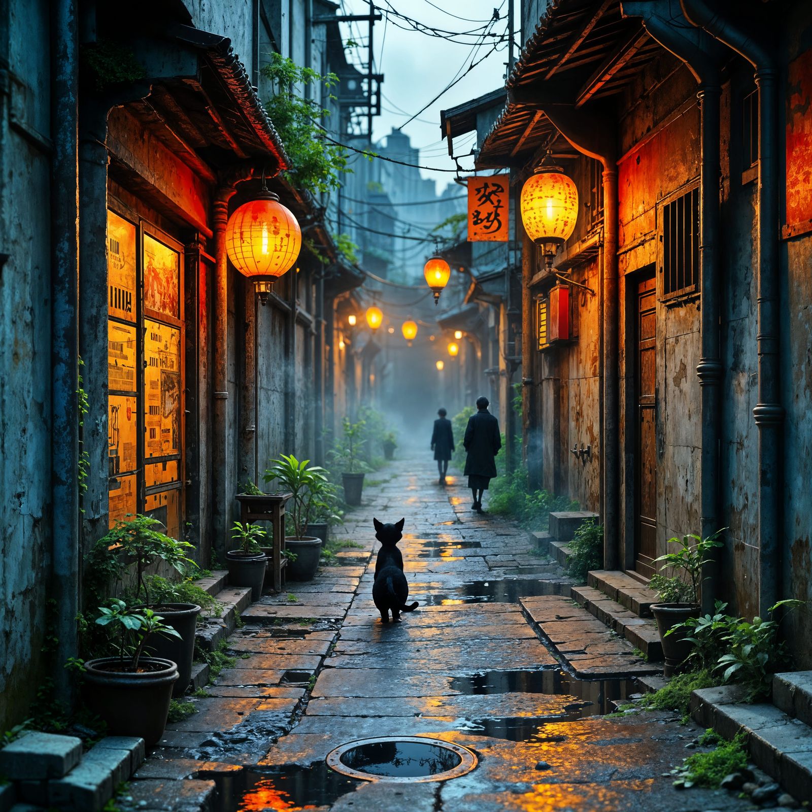 Hyper-Realistic Urban Alleyway at Dusk