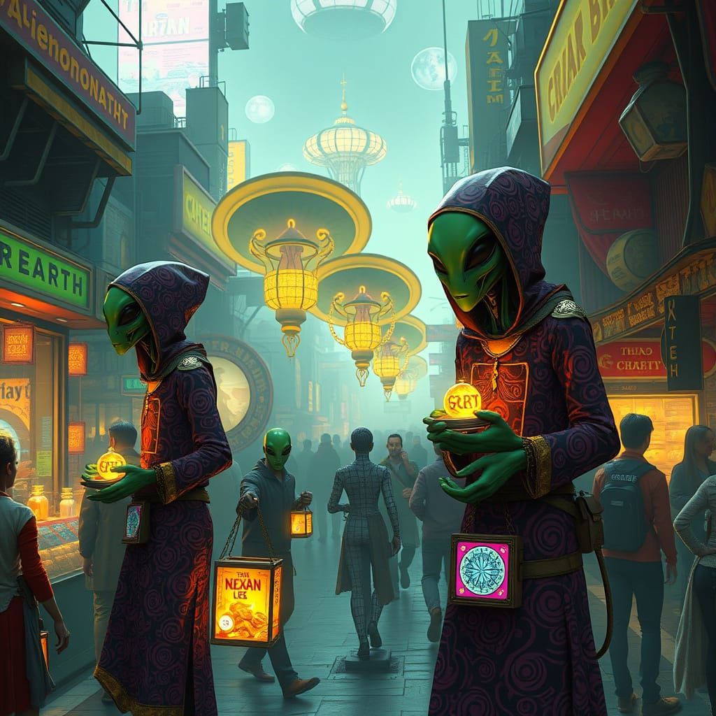 Alien Merchants in Floating Bazaars with Glowing Goods