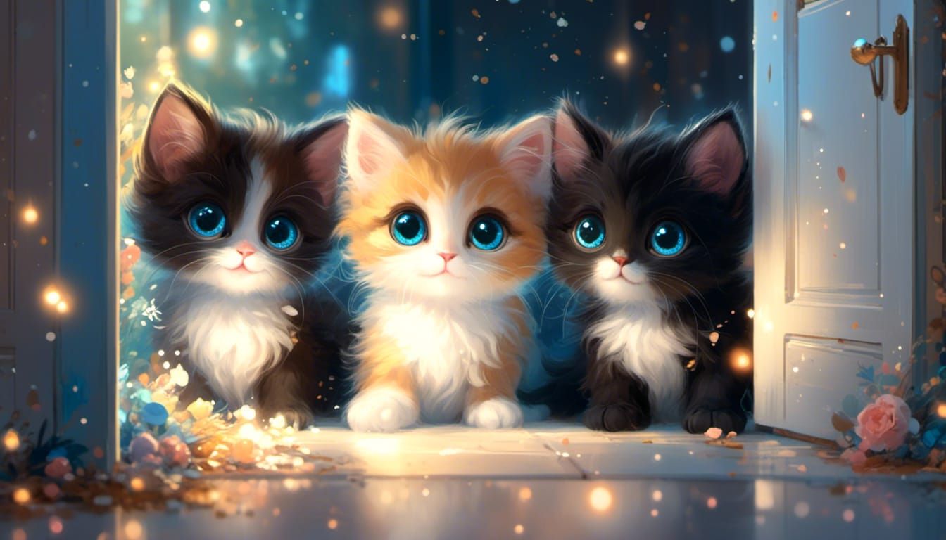 <lora:Ultra Cute:1.0> Two adorable kittens, one black and one white, peek from behind a door with wide, glowing blue eye...