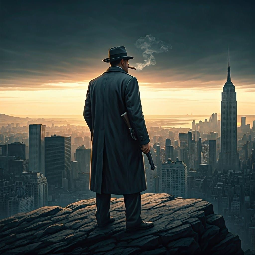 1930s Mobster Overlooking City in Film Noir Style