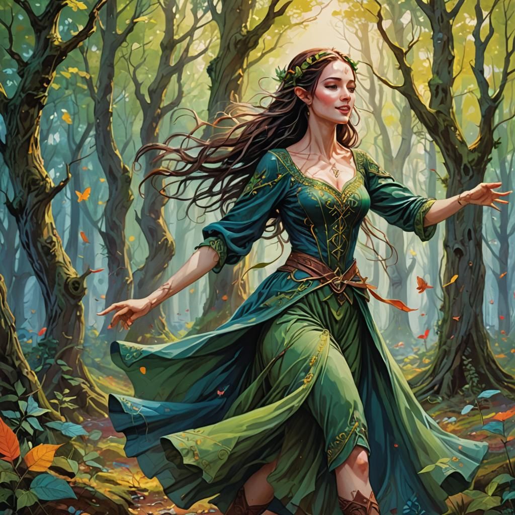 Elven Woman Dancing with Joy in Forest Illustration