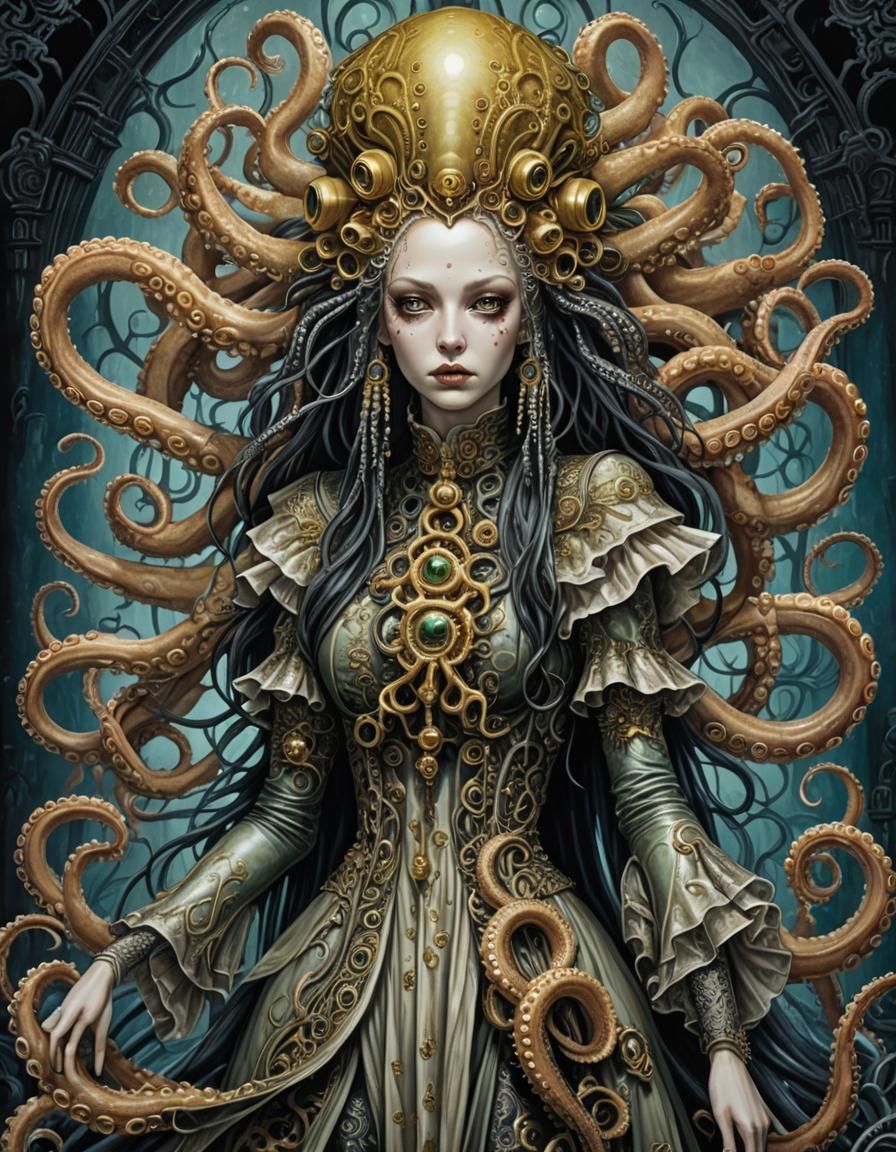 Octopus Girl in Gothic Steampunk Horror Art