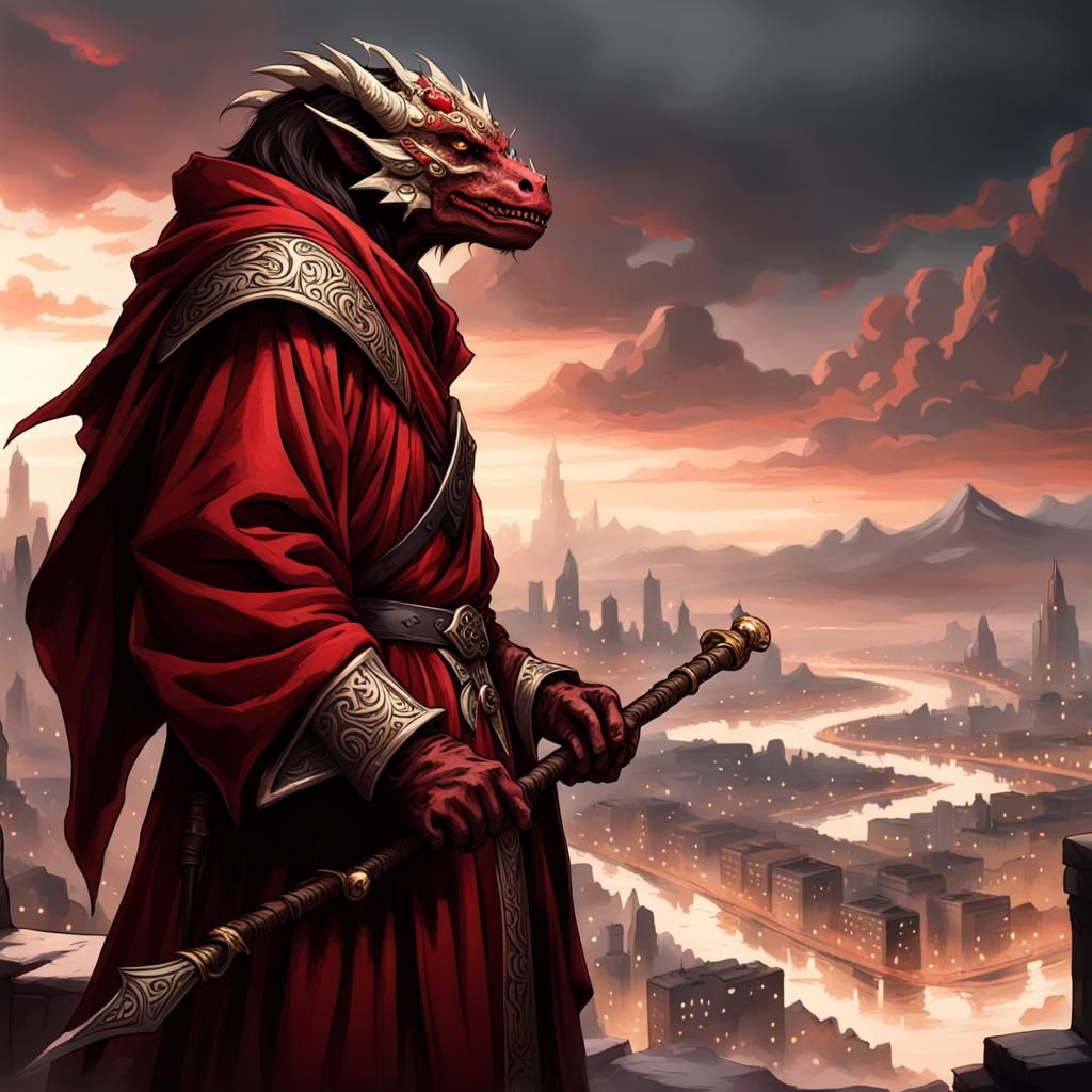 Dragonborn Mage Overlooking City with Ebony Staff