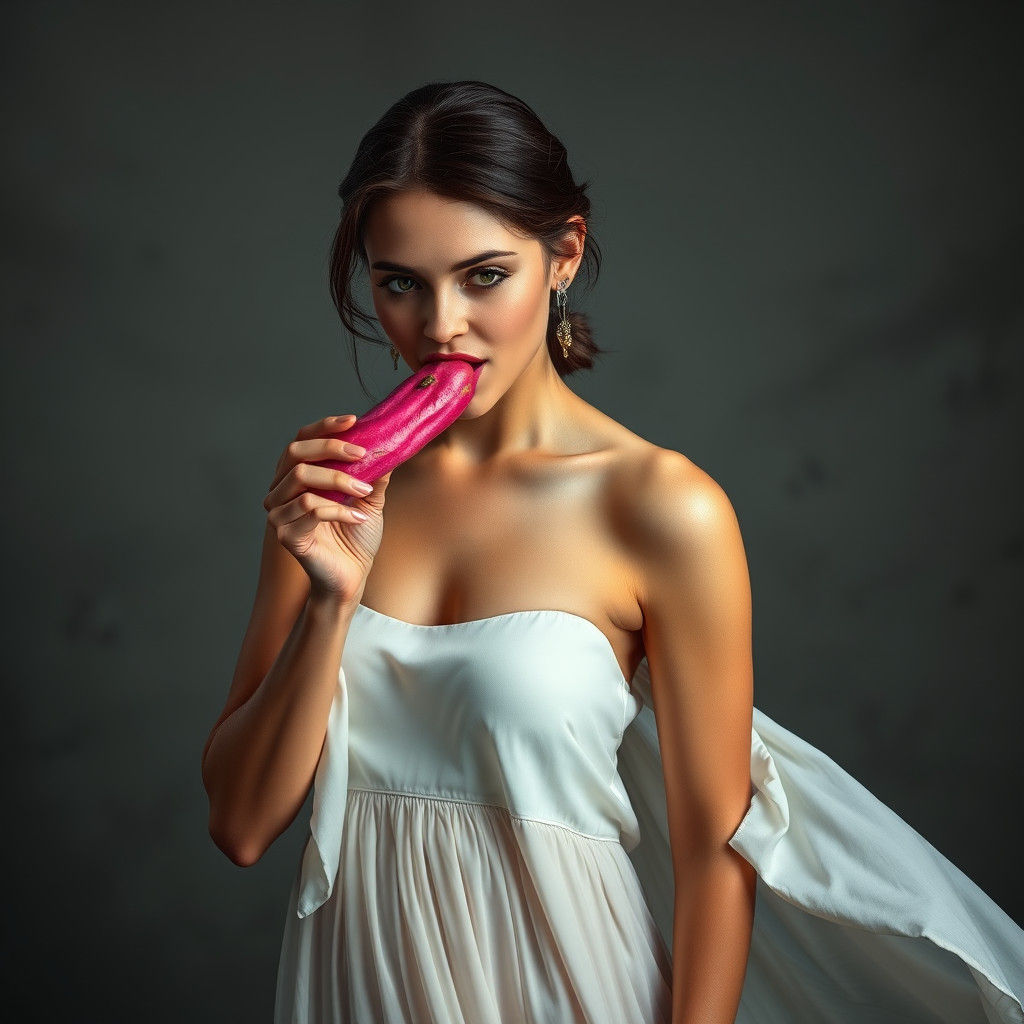 Woman Licking Pink Cucumber in Cinematic Still Life