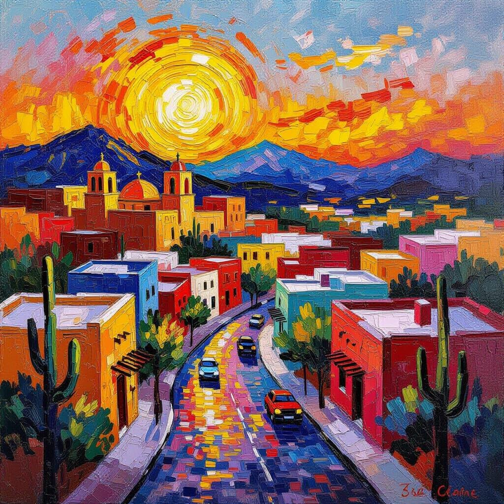 Santa Fe Oil Painting with Neo-Impressionist Style