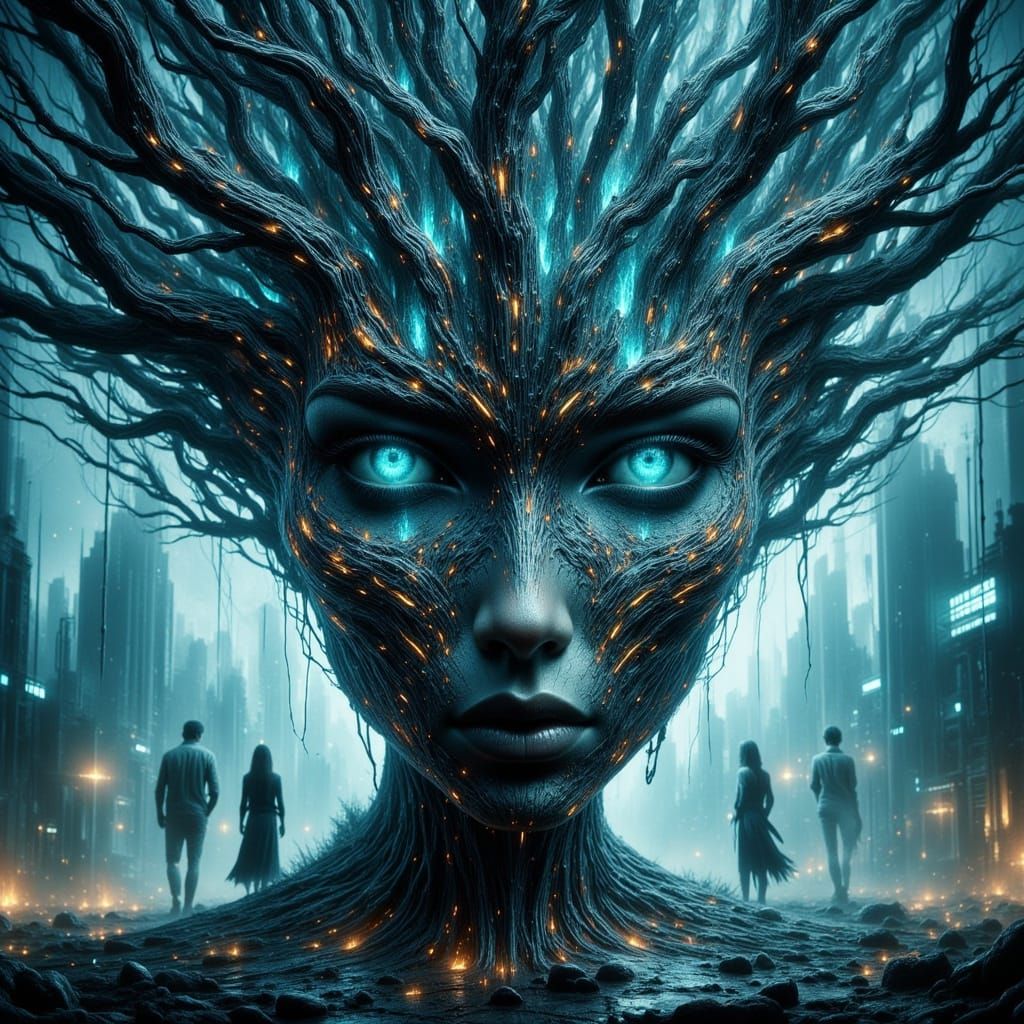 Majestic Cyborg Tree with Glowing Circuits in Dystopian City