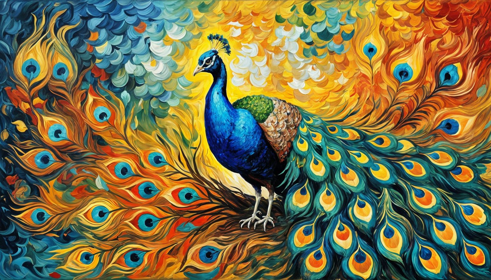 Peacock Displaying Colorful Plumage as Impasto Oil Painting