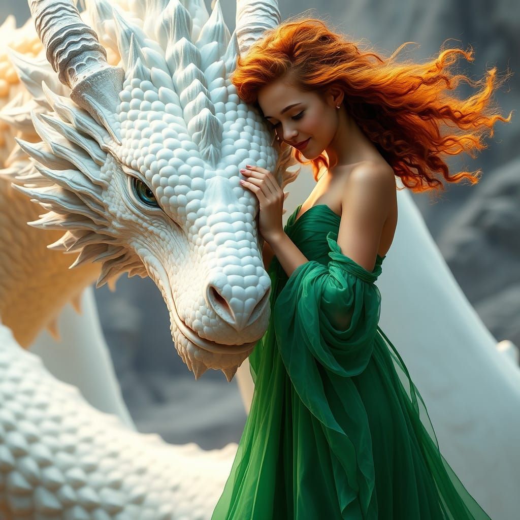 A Goddess Embracing a Majestic Dragon in a Whimsical Fantasy...