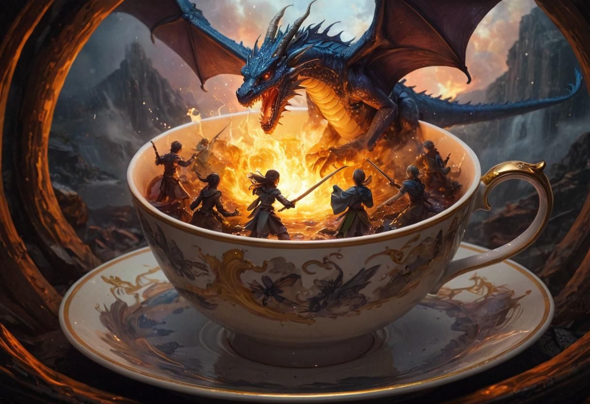 Epic Teacup Battle in High Fantasy Style