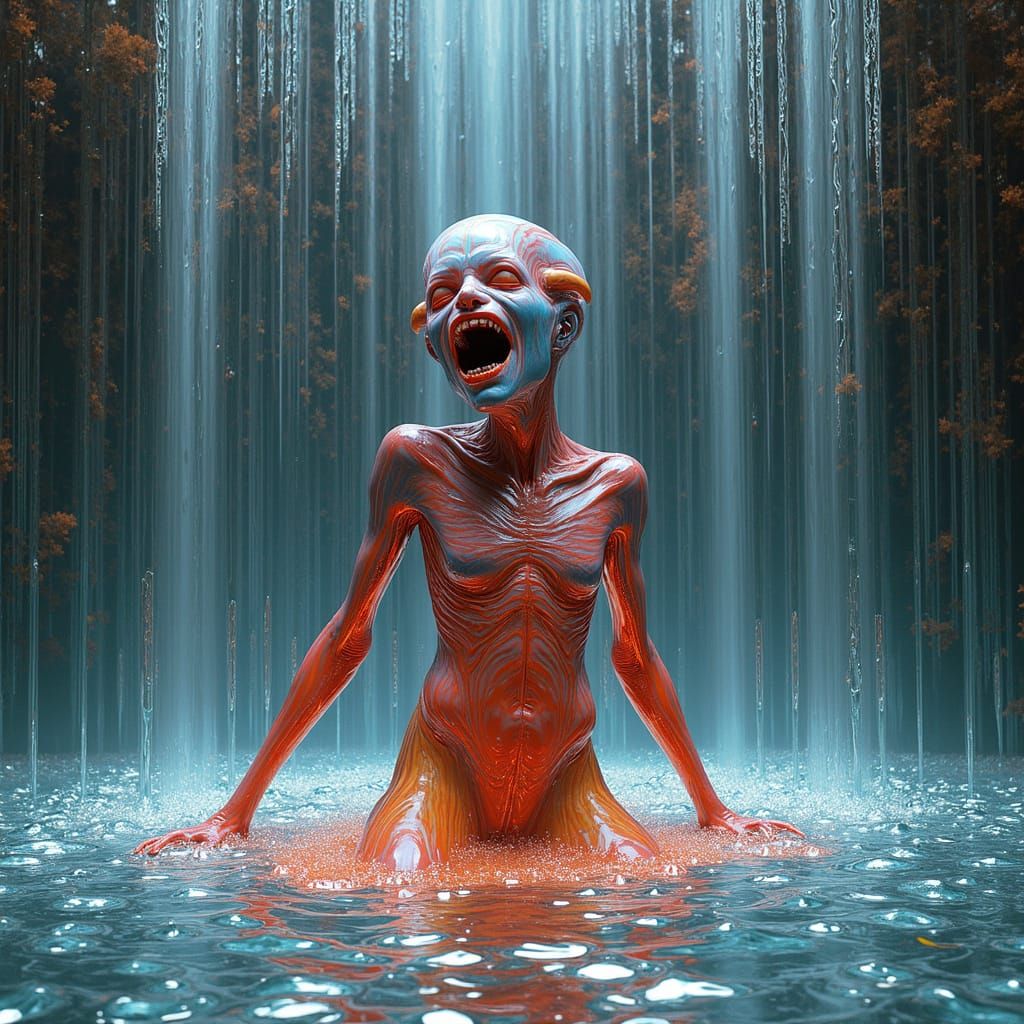 Futuristic Alien Form Emerge from Liquid Mercury Waterfall i...