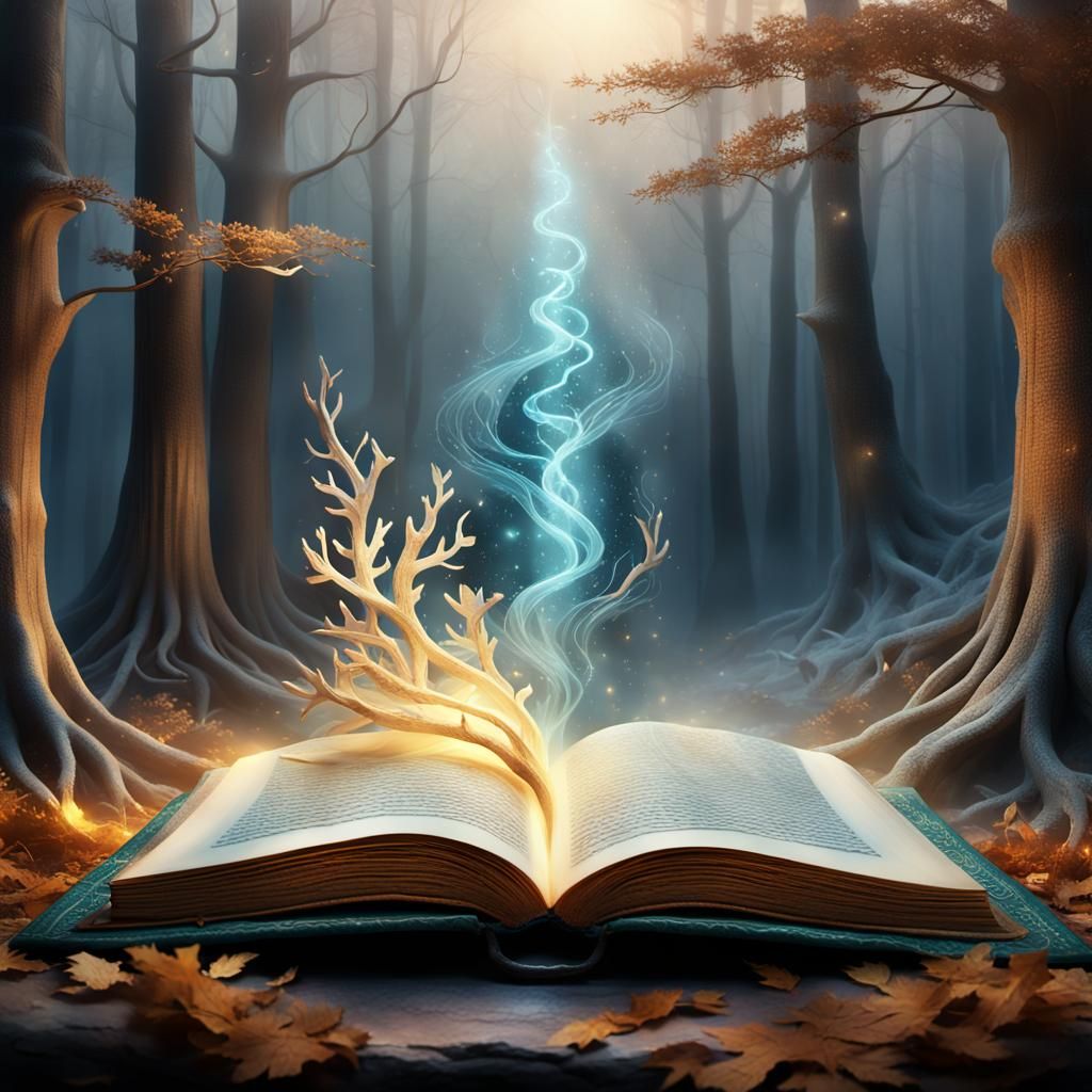 Glowing Book in Mystical Forest: Fantasy Concept Art