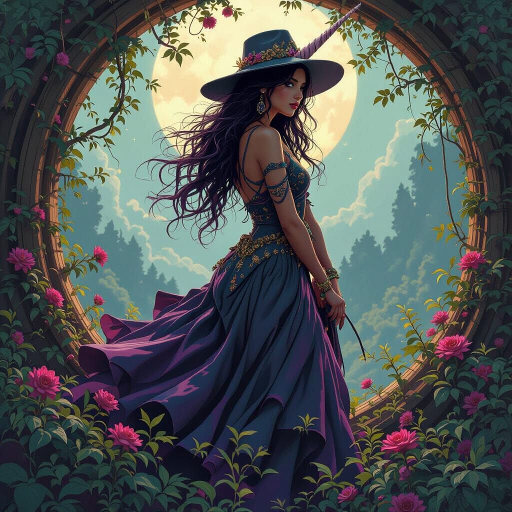 Woman on Unicorn in Dreamy Purple Hues