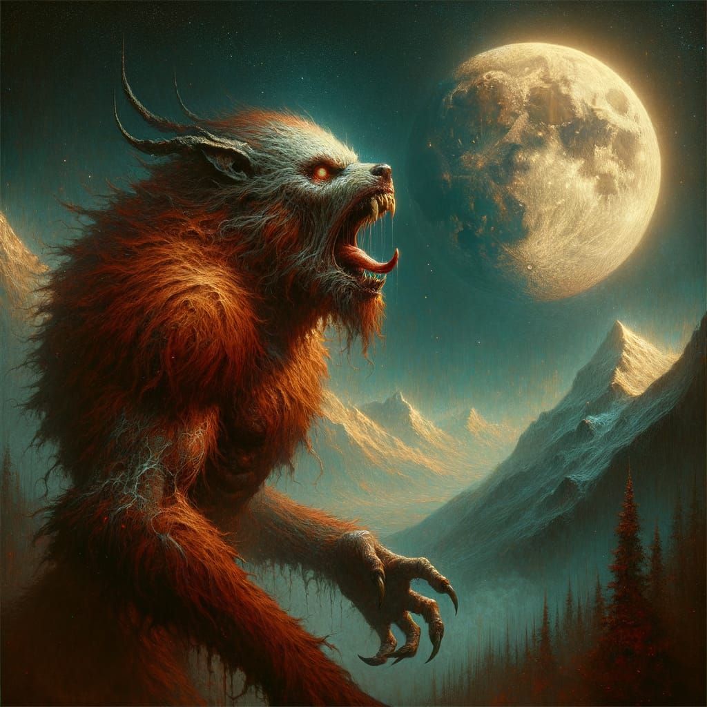 Monstrous Werewolf Howling at Moon, Oil Painting