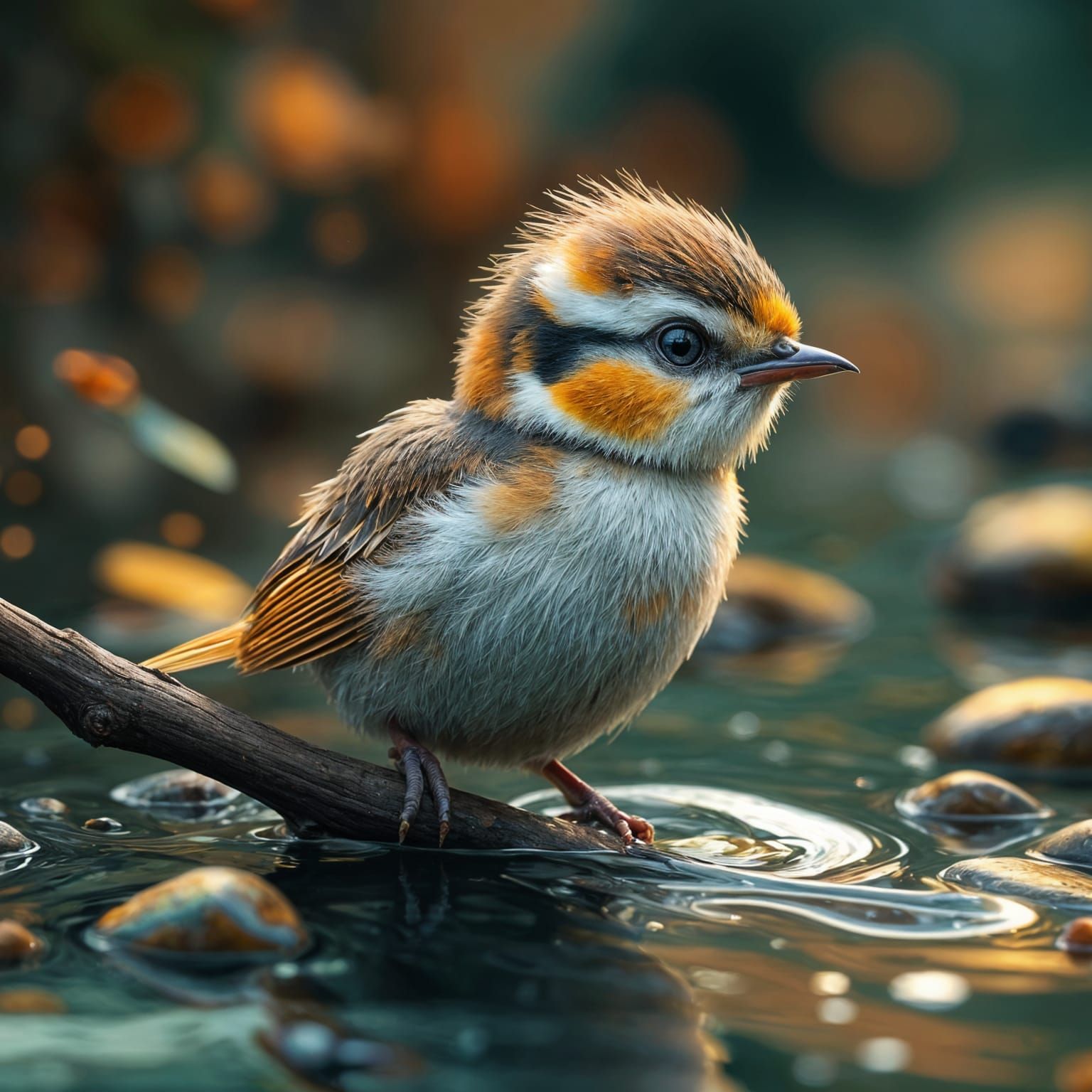 Hyperrealistic Baby Bird in Japanese River Scape
