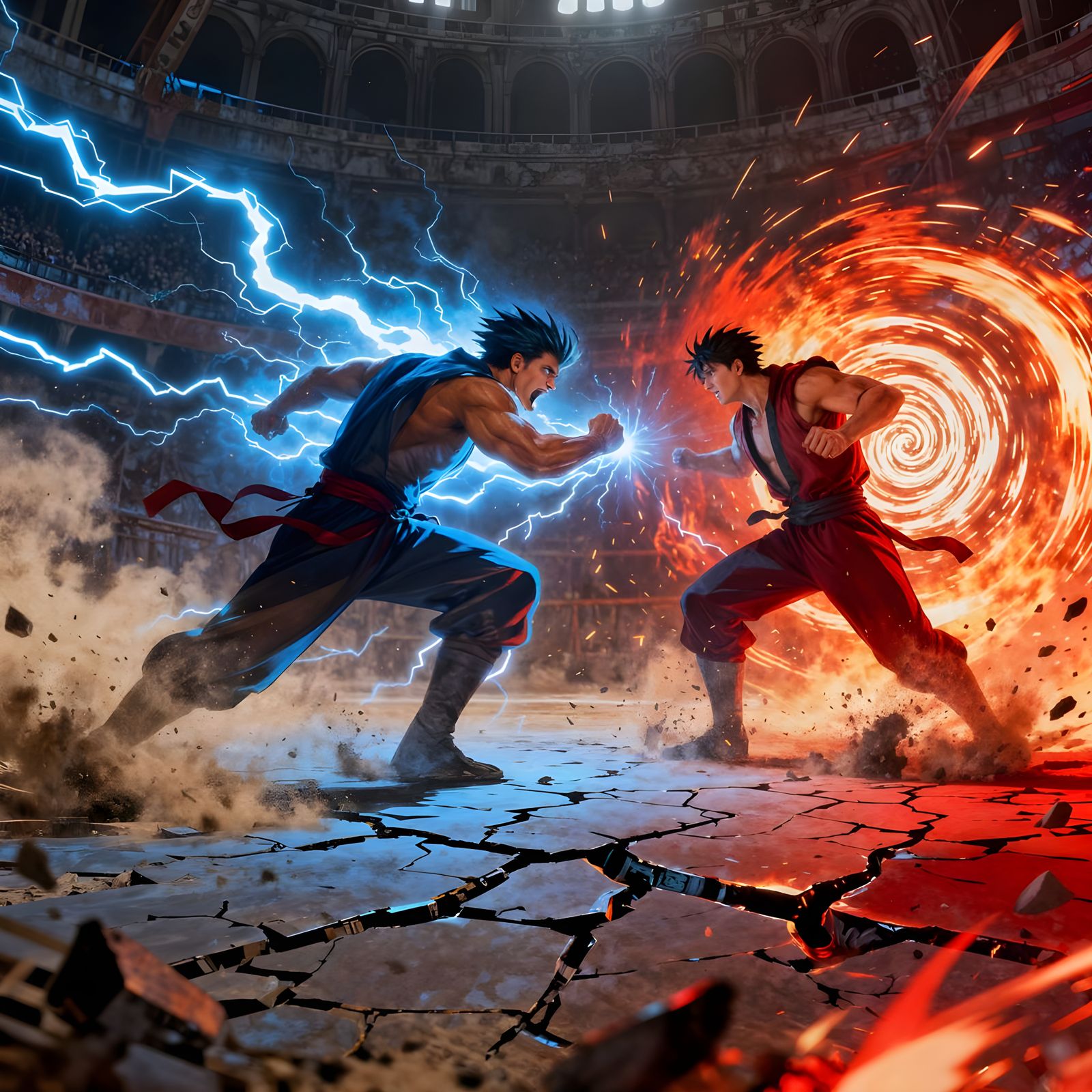 Rivals Clash in Shattered Arena with Unleashed Powers