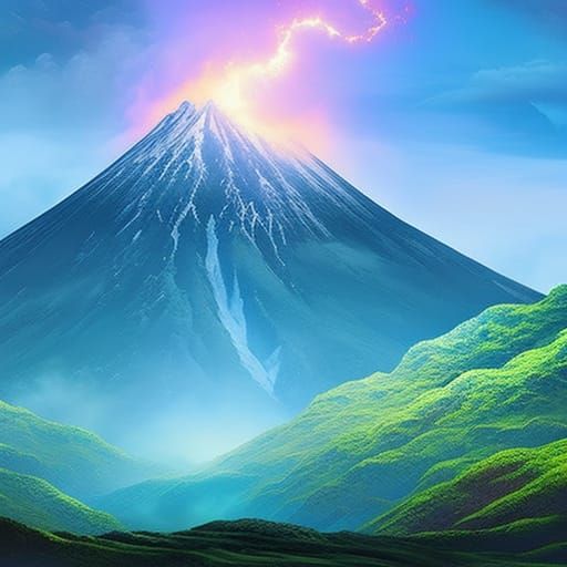 Volcanic mountain getting struck by lightning