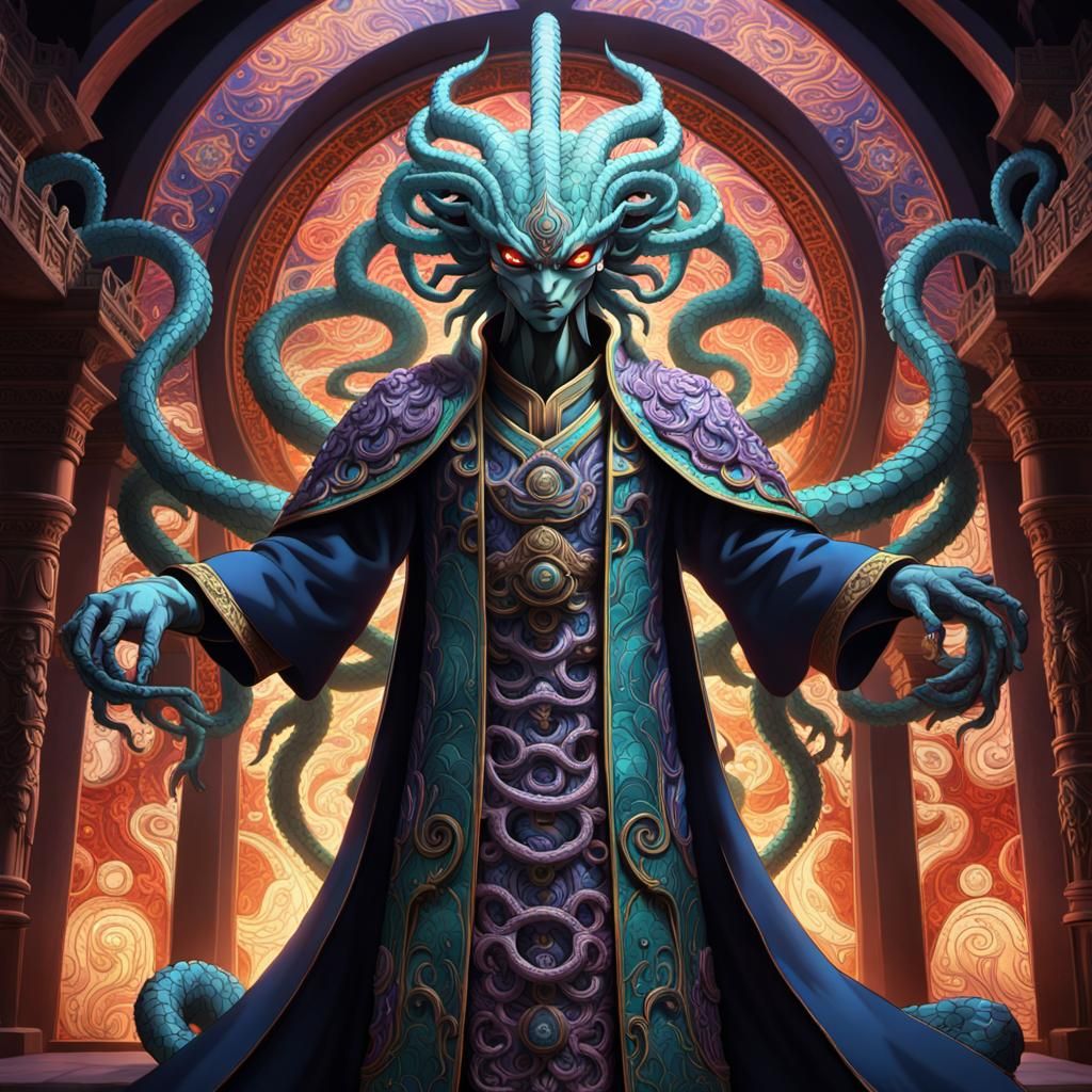 Multiheaded Hydra Humanoid Seeking Divinity as 3D Anime