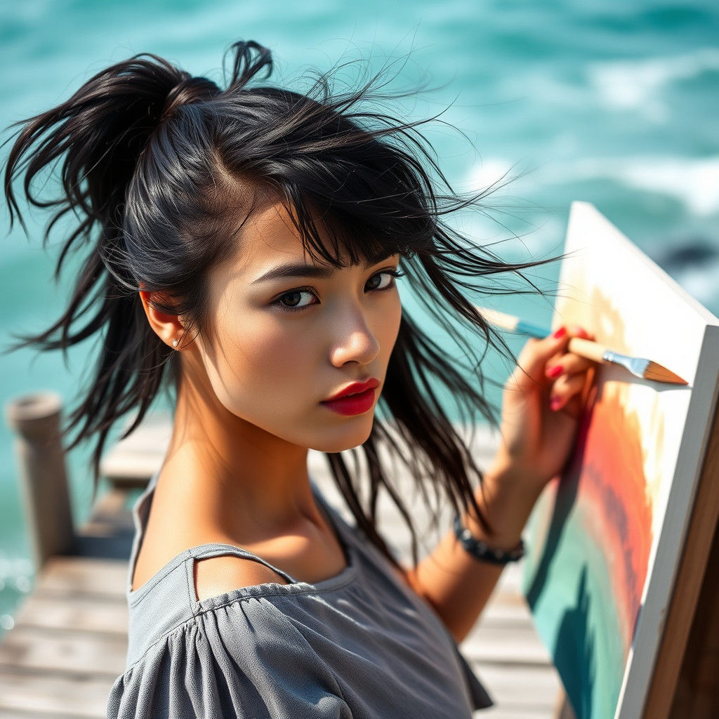 Elegant Woman Captures Seaside Vibrancy in Impressive Artist...
