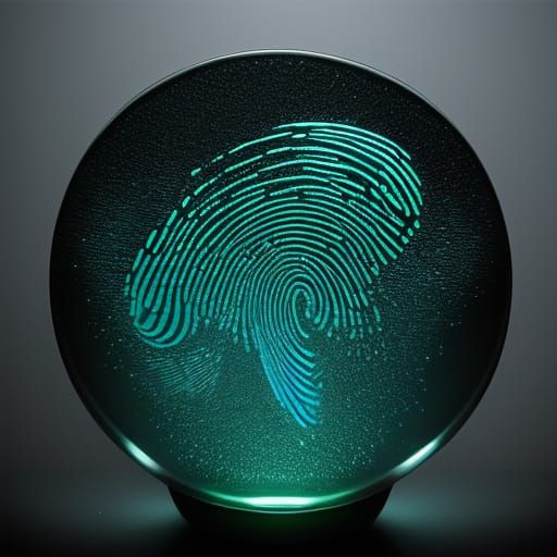 A glowing neon fingerprint on a glass. macro photography