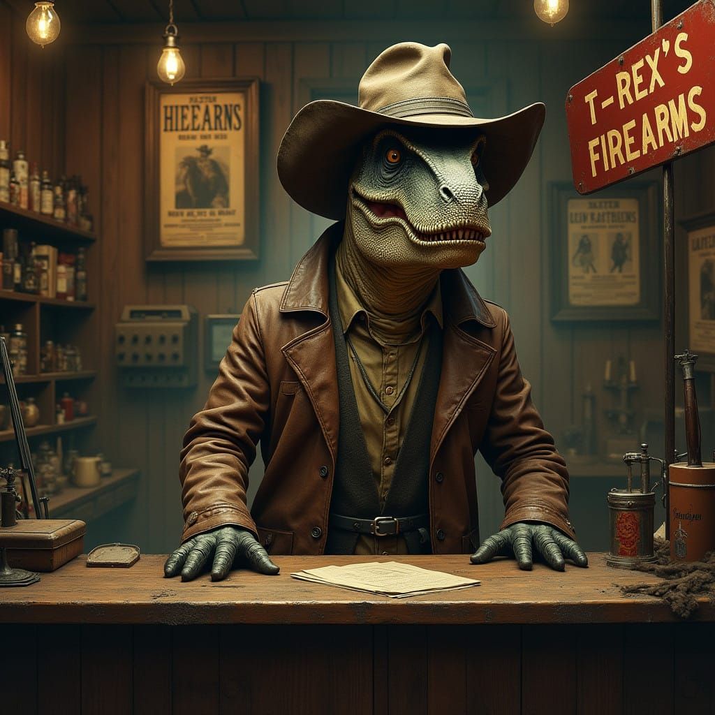 T-Rex Firearms Dealer in a Haunting Wild West Gun Shop