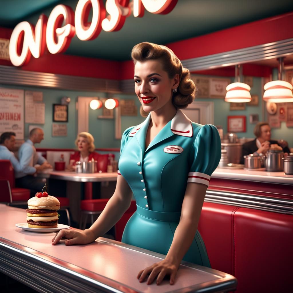 1950s Waitress in Diner: Hyperrealistic Art