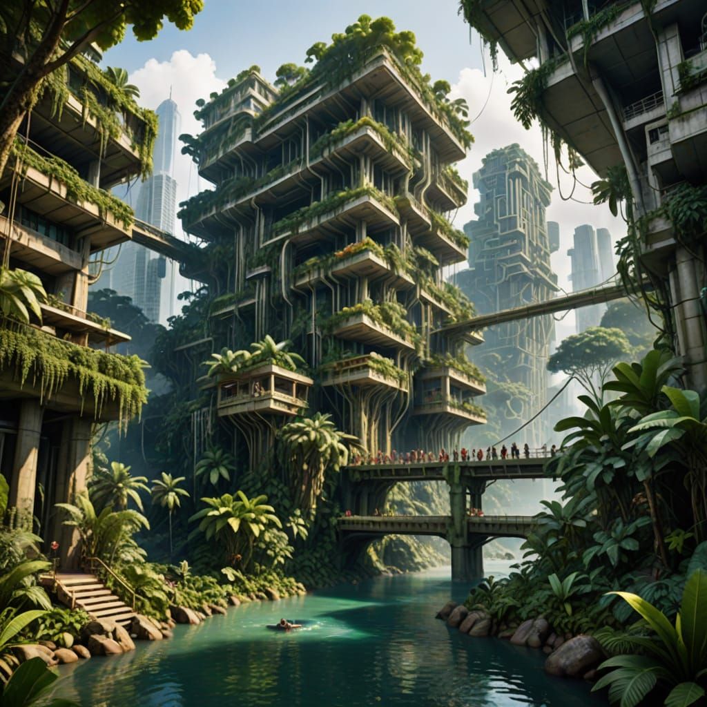 Cyberpunk Jungle River Megastructure