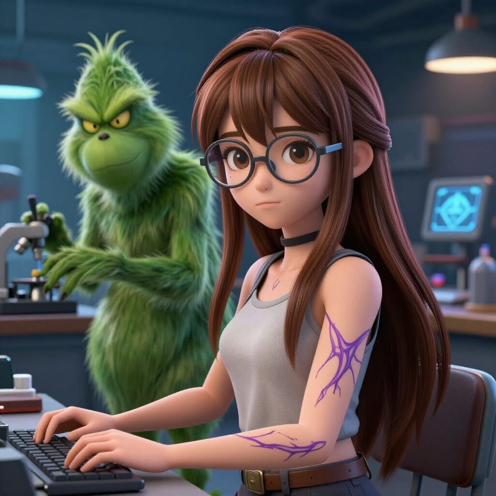 Girl with Purple Veins and Grinch in Lab