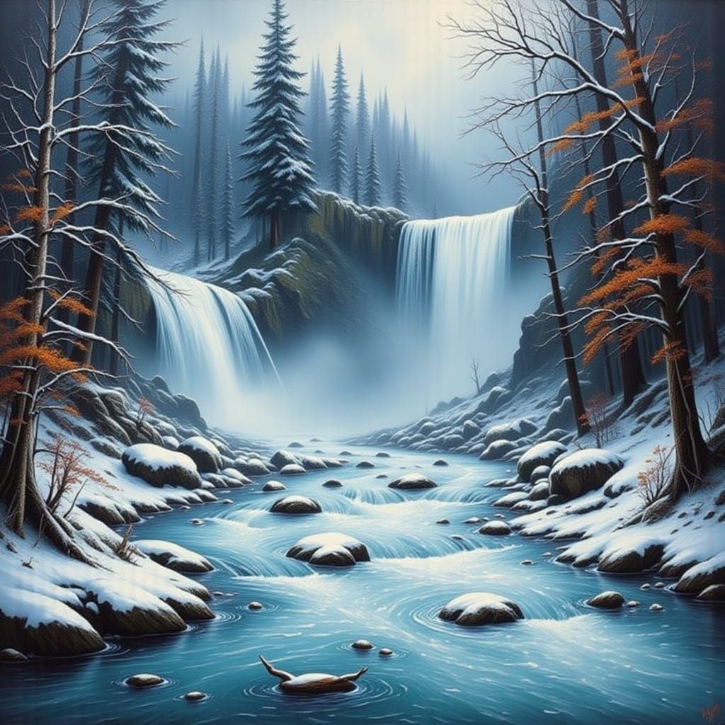 Impasto Winter Waterfall in Textured Style