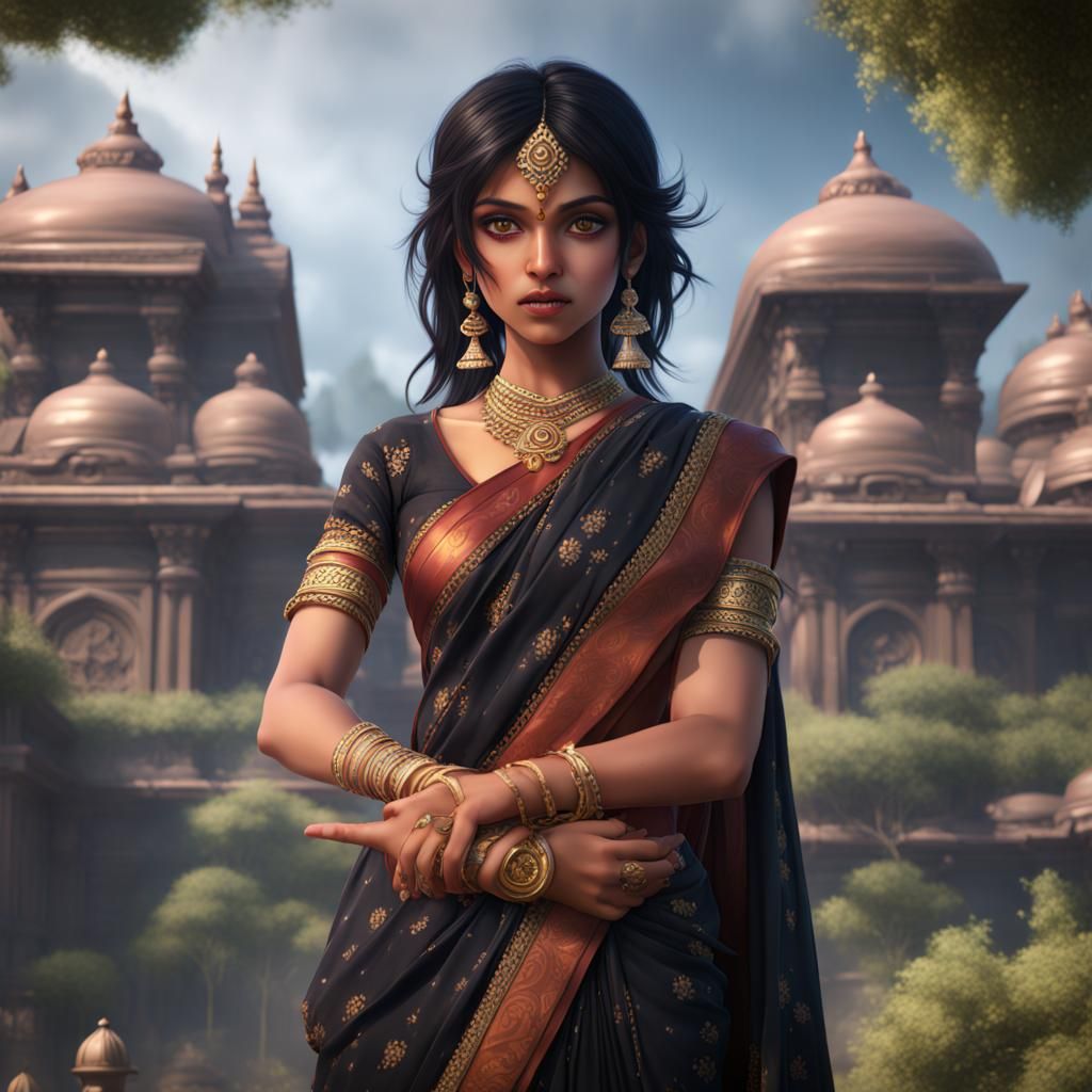 Anime Indian Girl in Sari: Detailed Fantasy Art