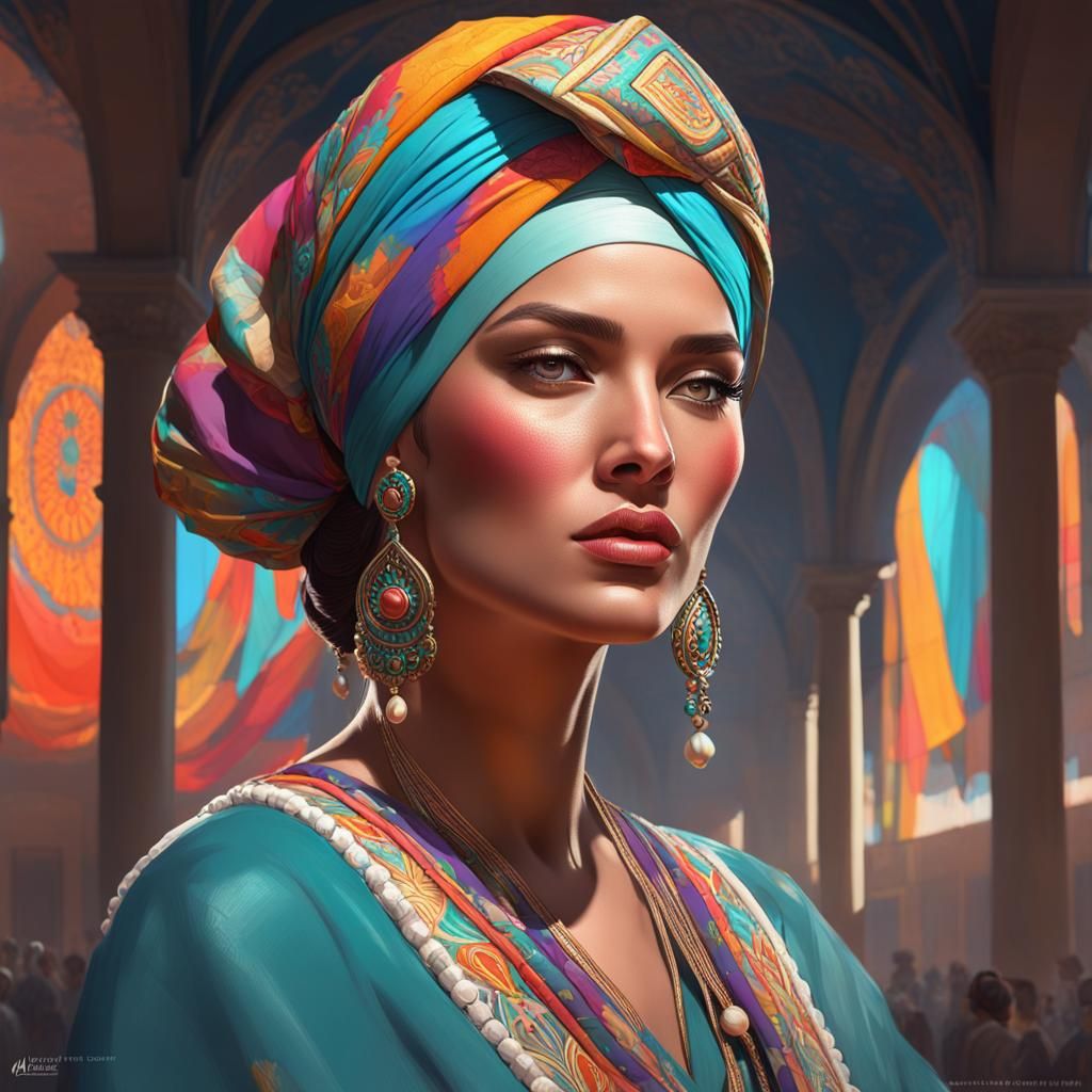 Mexican Woman Portrait with Turban in Digital Art Style