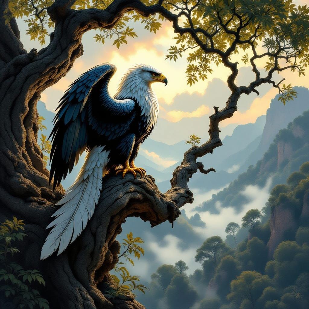 Majestic Griffin Over Misty Valley in Classical Oil Style