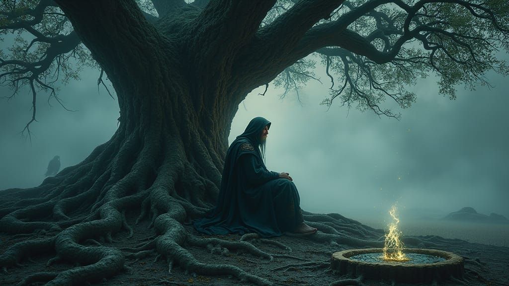 Odin at Yggdrasil's Roots with Glowing Runes