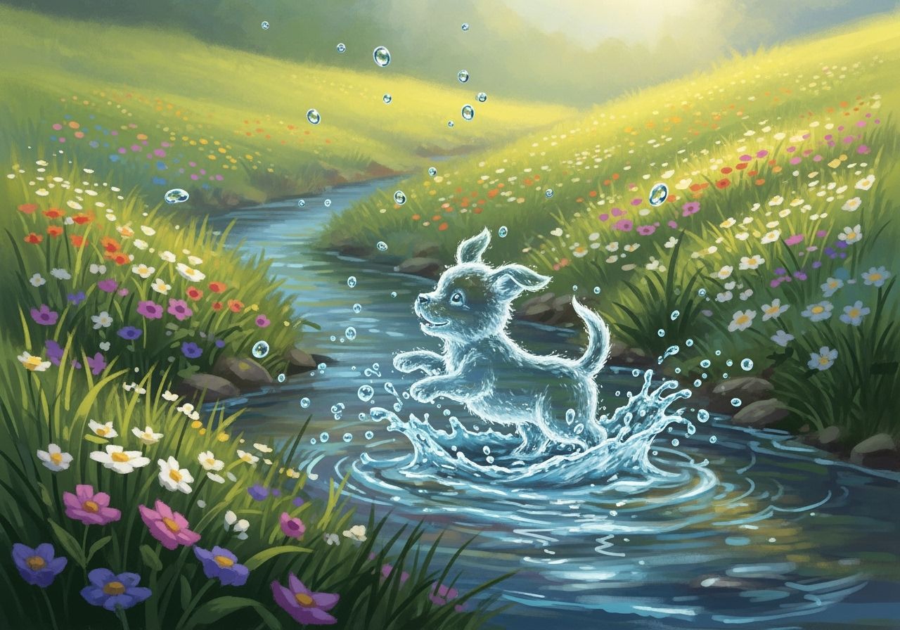 Water Puppy Playing in Sun-Dappled Meadow