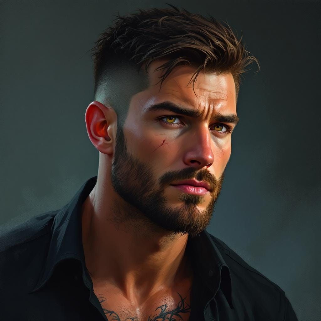 Brunette Man with Tattoo in Expressive Style