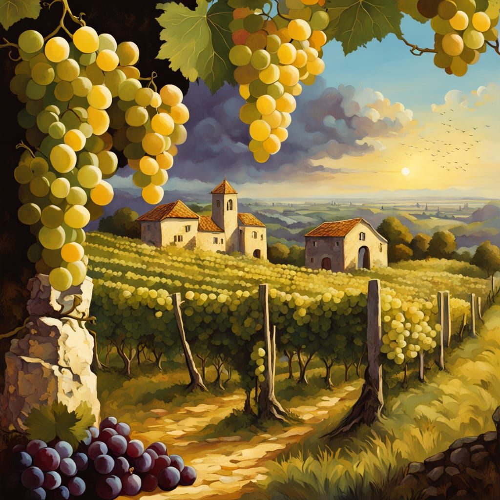 Fantasy Surrealist Vineyard Scene in Warm Golden Light