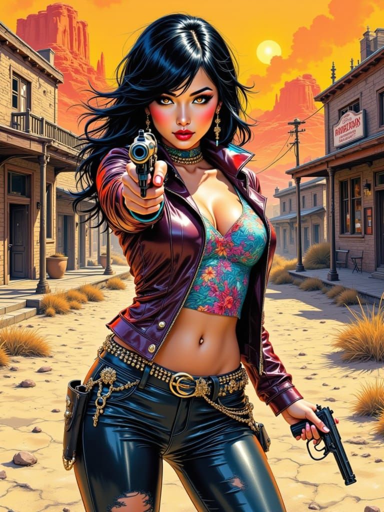 Asian Gunslinger Woman Aims Revolver in Desert Town